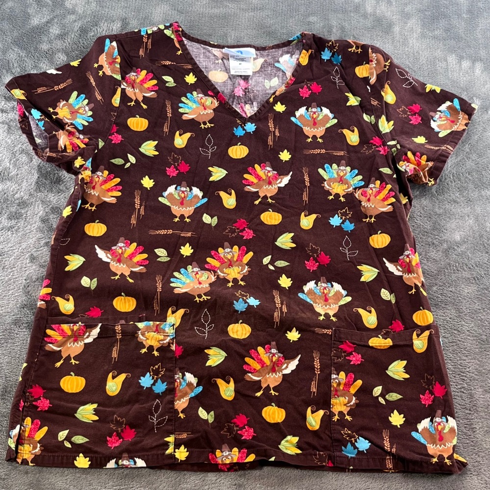 SB Scrubs Thanksgiving Turkey Pumpkin Fall Print V-Neck Scrub Top Brown Medium